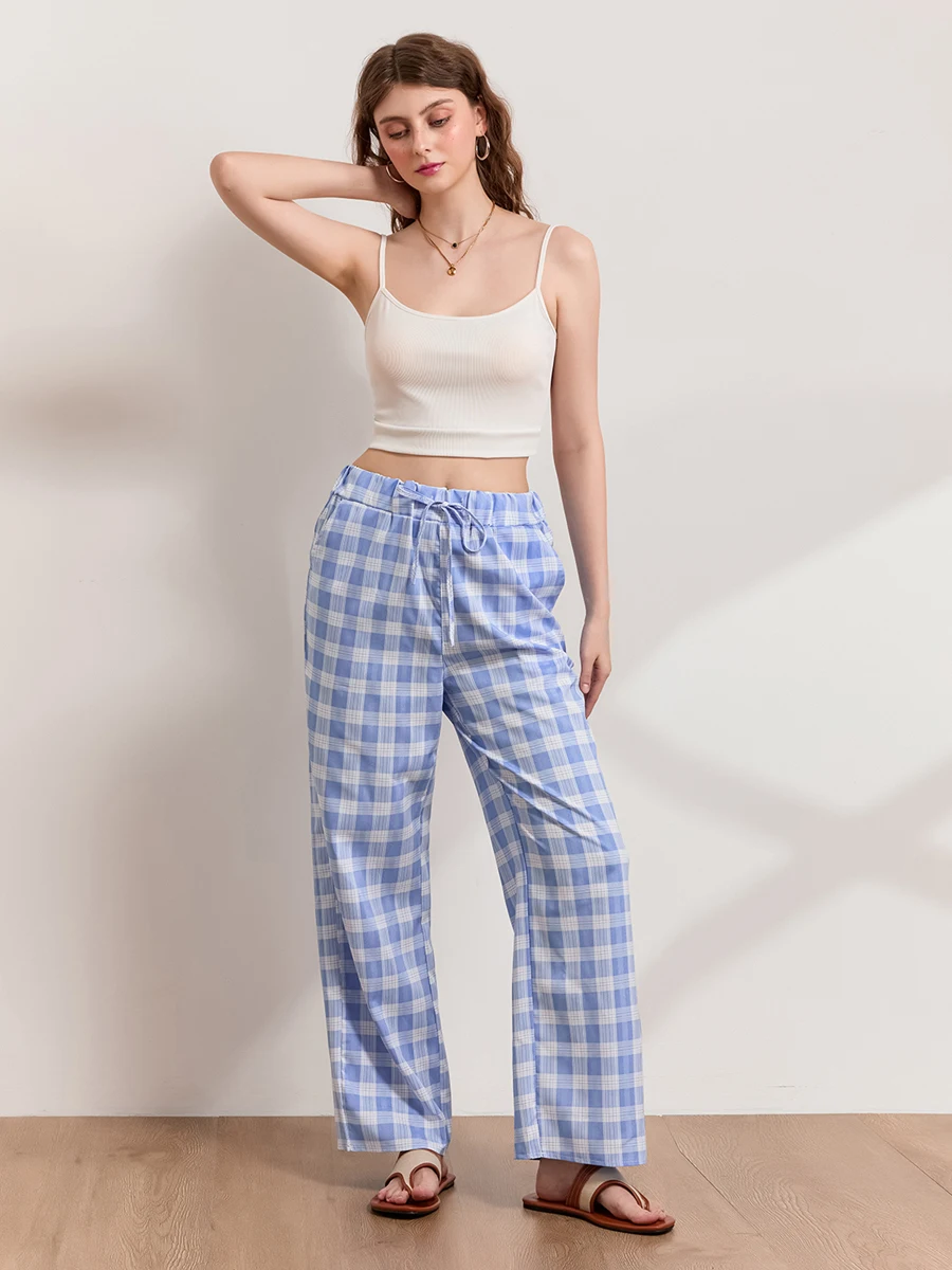 Women Plaids Lounge Pants Elastic Waist Drawstring Loose Long Trousers for Home Sleepwear Daily Bottoms