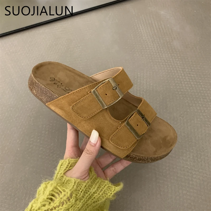 SUOJIALUN Summer New Brand Women Slipper Fashion Buckle Ladies Flat Heel Casual Slides Open Toe Slip On Outdoor Slides Shoes