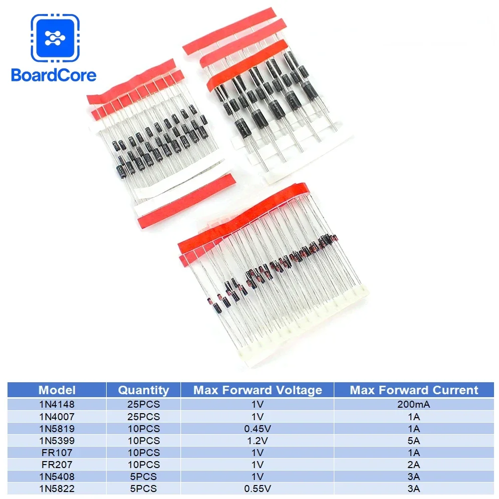 100pcs 8 values Diode kit Fast Switching Rectifier 1N4148 1N4007 1N5819 1N5399 1N5408 1N5822 FR107 FR207 Diode set