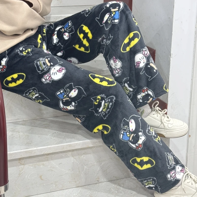 Sanurgente-Pantalon de pyjama Hello Kitty Batman pour femme, style Y2k, pantalon de dessin animé Hip Hop, chaud, décontracté, pantalon mignon en peluche, cadeau de Noël, automne 2024