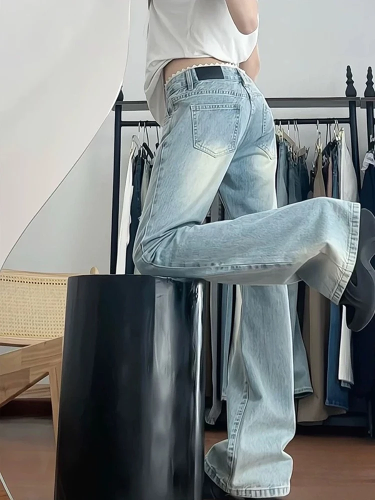 Low Waist Lace Splicing Straight Leg Slimming Ankle Length Women's Bell Bottom Jeans Commute Versatile Wide Leg Long Pants