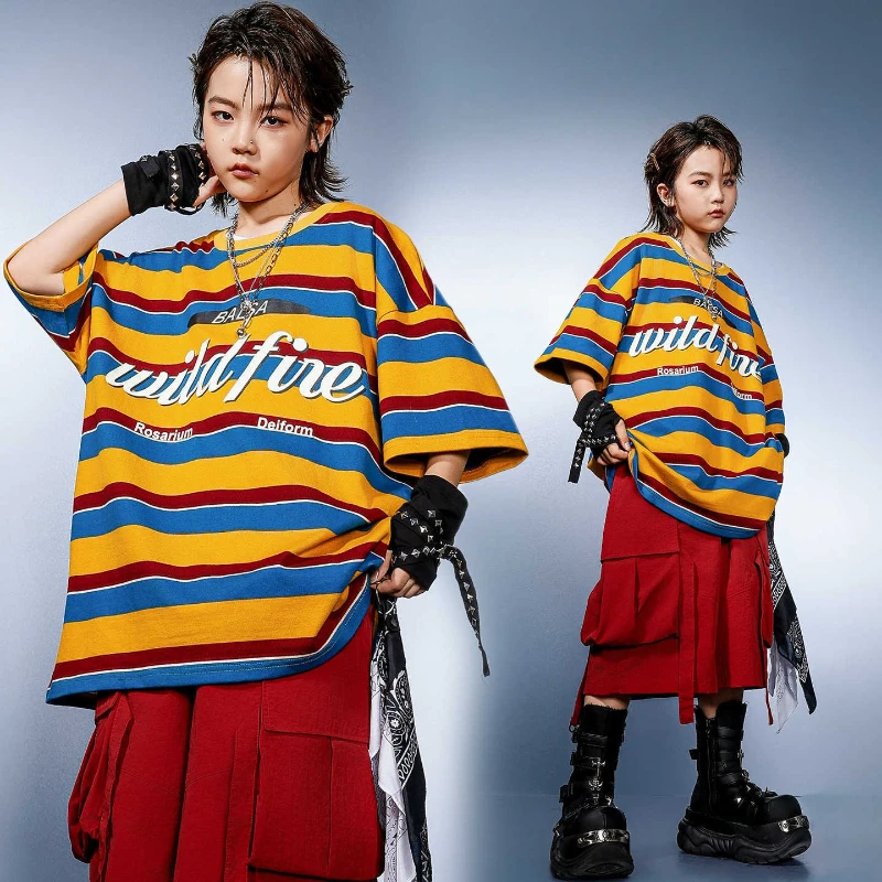 

New Boys Loose Hip-Hop Jazz Dance Costume Short Sleeves Hip Hop Suit Summer Group Stage Performance Clothing Sets Practice Wear