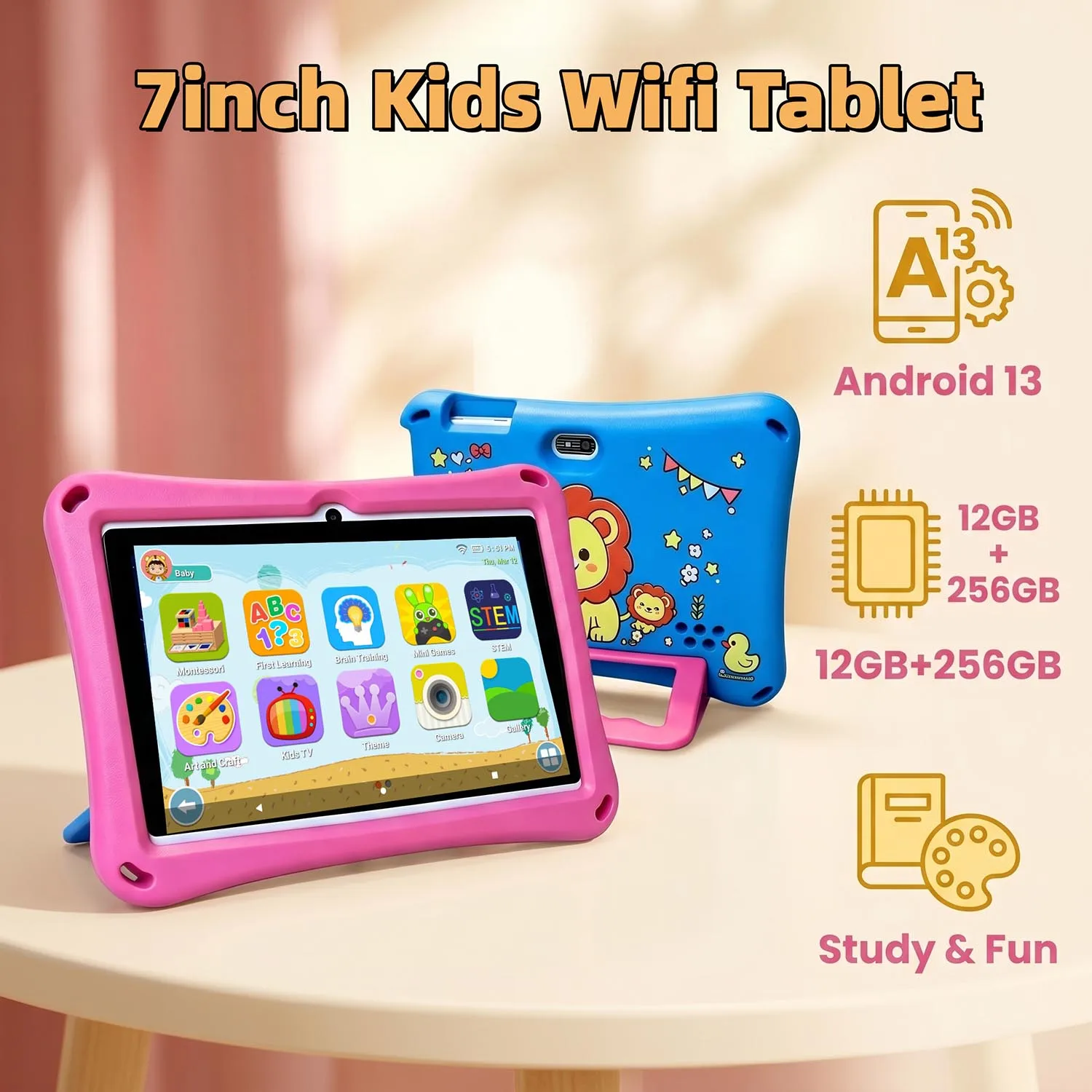 7 Inch Android 13 Kids Tablet 12GB+256GB HD Screen WiFi Cute Lion Cartoon Children Learning Tablet with Shockproof Silicone Case