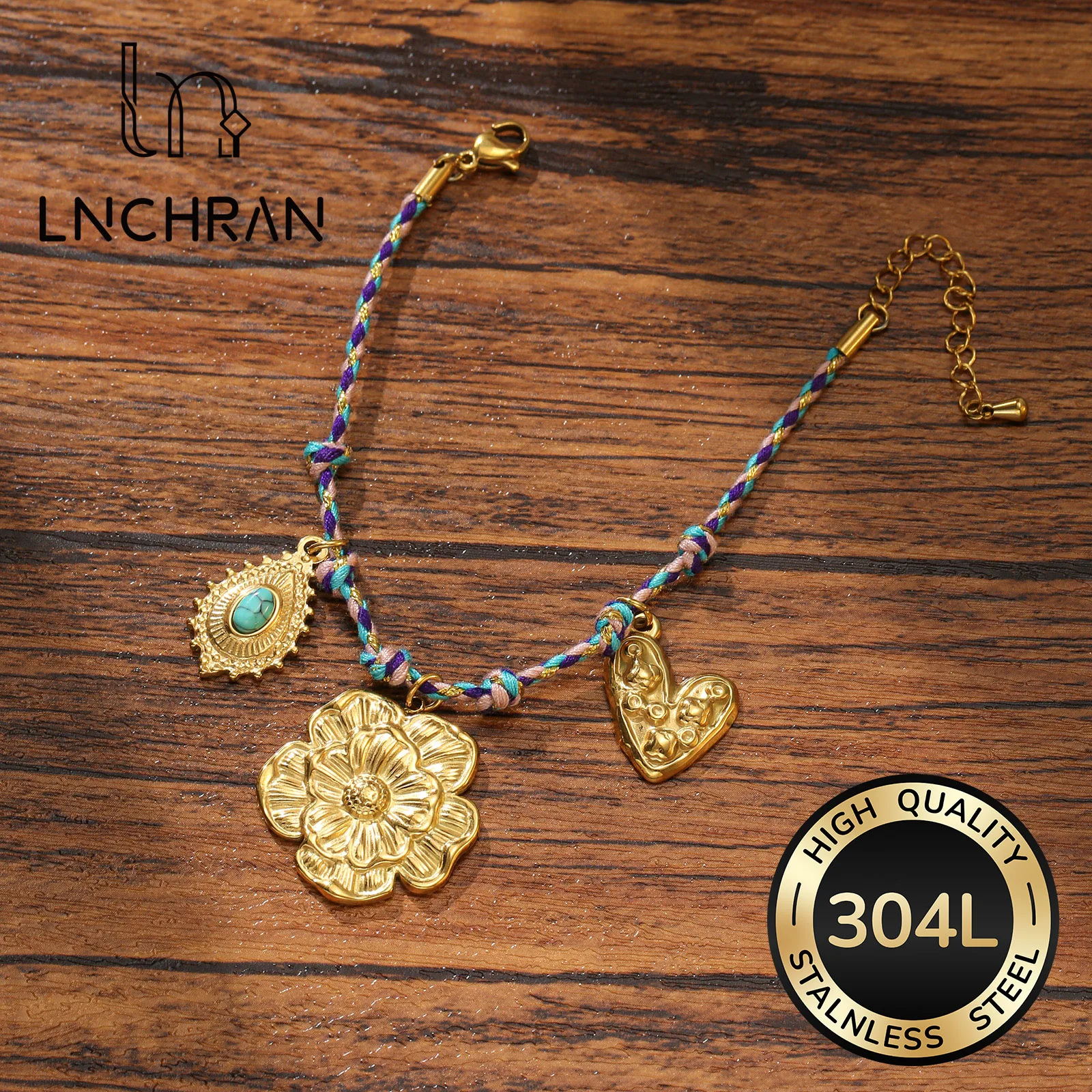 

Golden Flower and Heart Charm Braided Cord Bracelet with Turquoise for Women