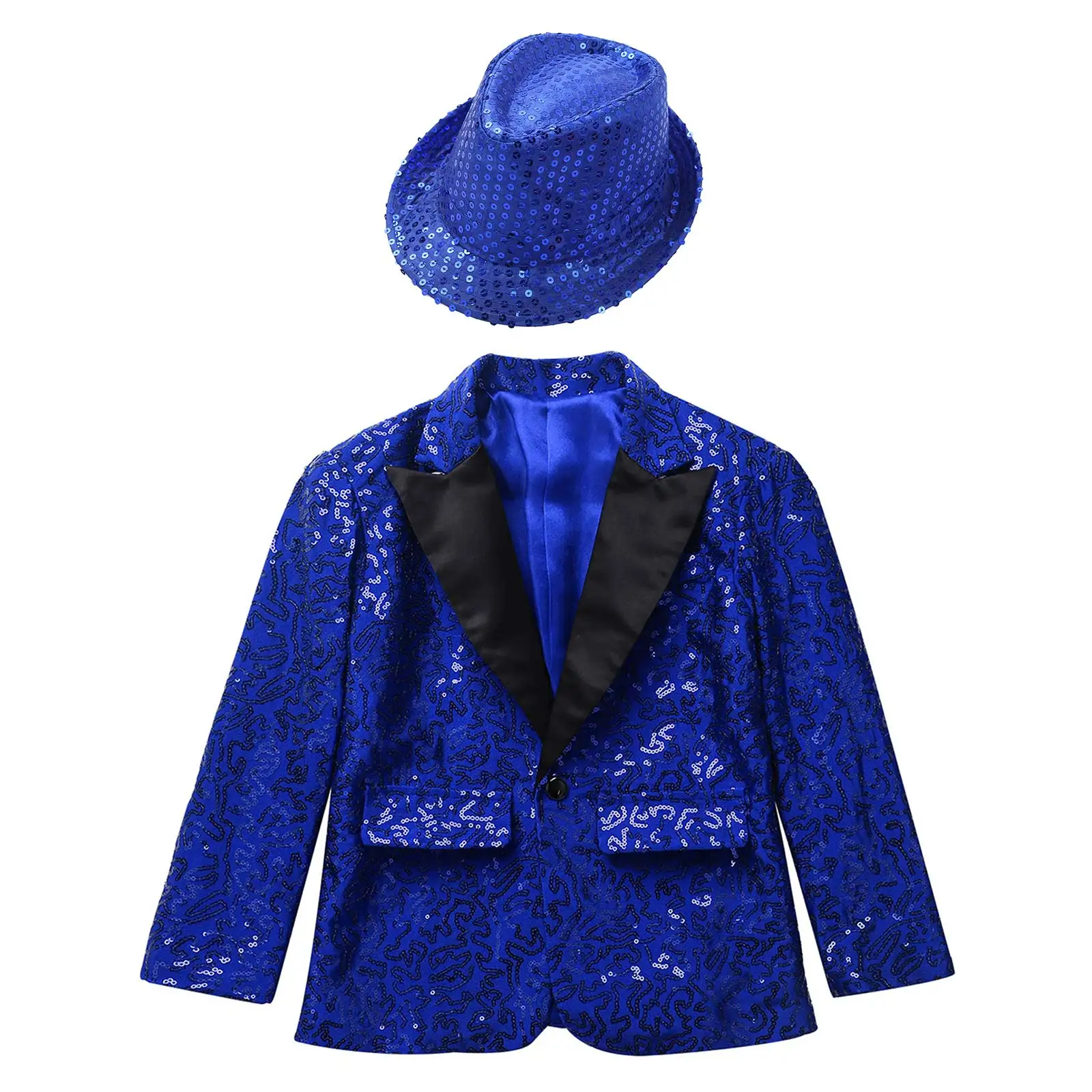 Kids Boys Shiny Sequins Coat Modren Competition Dance Performance Jacket Banquet Party Long Sleeve Tuxedo Suit with Fedora Hat