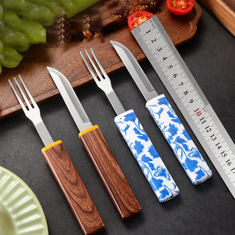 1 Set Straight Knife Dessert Fork With Sheath Stainless Steel 2-in-1 Knife And Fork Kit Outdoor Portable Paring Knife Cutlery