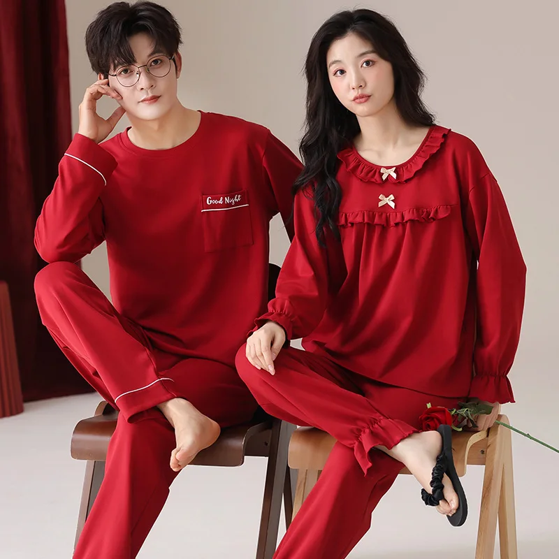 Autumn Lovers Pajamas Festive Red Long Sleeve Male Pajama Set Men Knit Cotton Pyjamas For Women Sleepwear Suit Couple Homewear