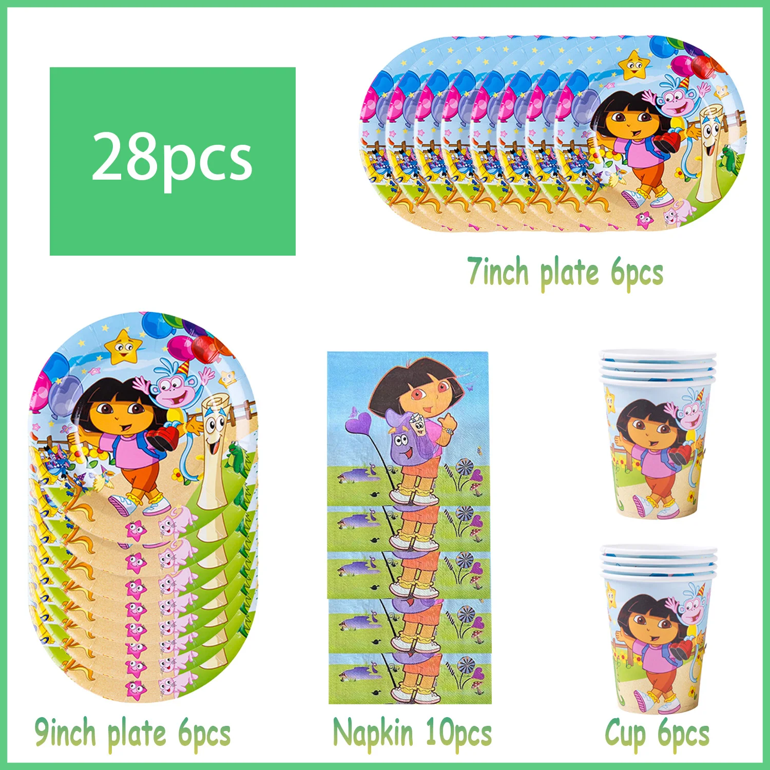 Cartoon&DORAED&Girls Birthday Party Tableware Decor Paper Plate Cup Napkin Hat Balloon Monkey Backdrops for Kids Party Supplies - view 3