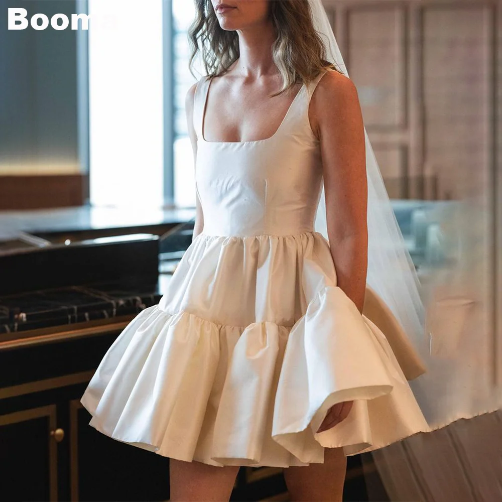 

Booma A-Line Ball Gowns Mini Wedding Party Dresses Square Collar Ruched Cocktail Dress for Brides Sleeveless Short Prom Gowns