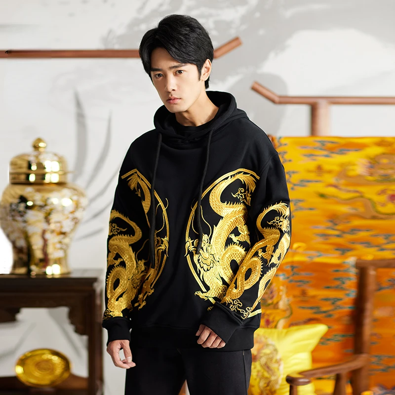 NEW high-end Golden Dragon Xianrui Chinese Style Sweatshirt Golden Dragon Robe Embroidered Hooded Sweatshirt Men Autumn Winter