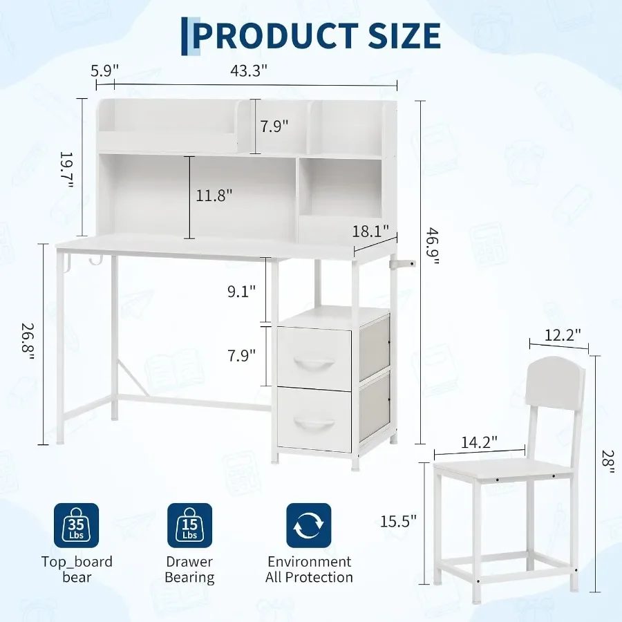 Wooden Desk and Chair Set with Drawers for 6-12 Year Old, Girls Boys