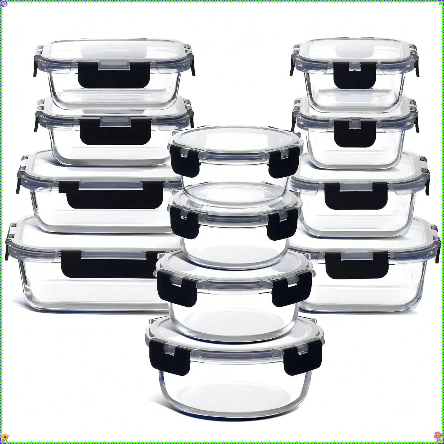 

12-piece set of glass food storage containers with lids, airtight leak-proof glass lunch boxes, various sizes and shapes