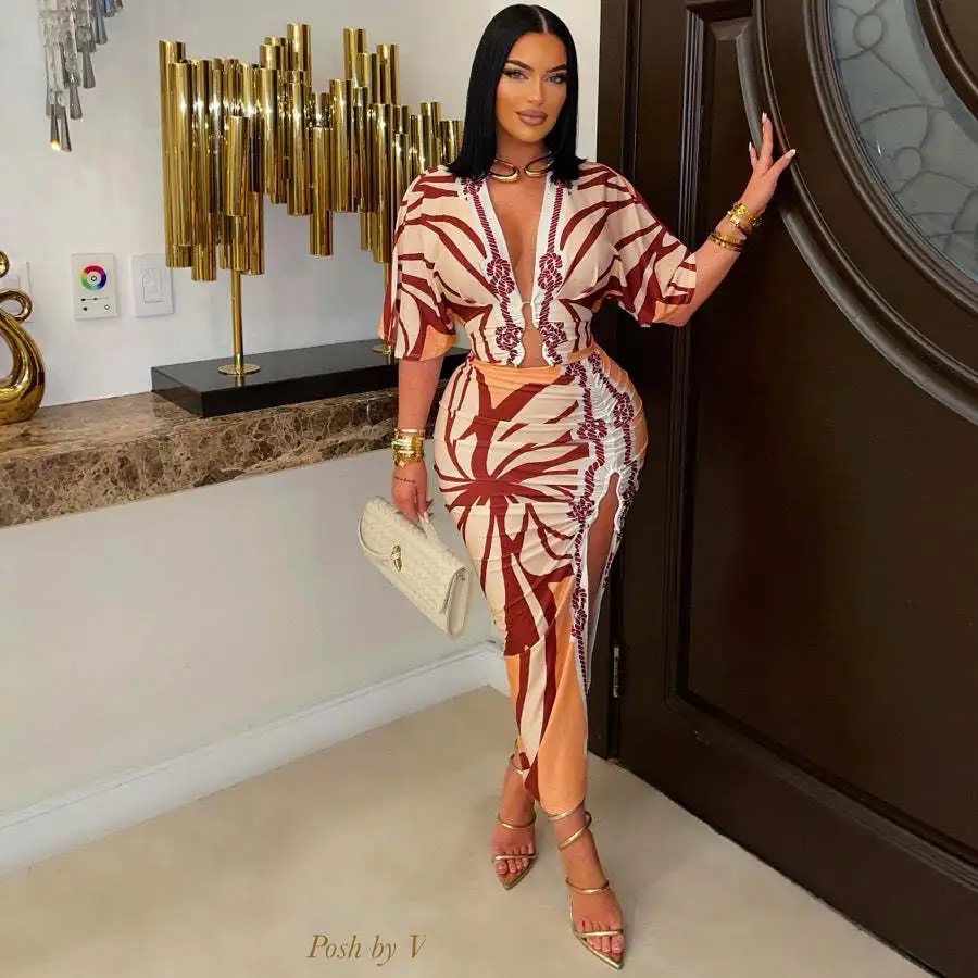 Sister Star Dames Sexy Spice Girls V-hals Korte mouw Dun Slank Slank Pakket Hip Gedrukt Split Temperament Commuter Jurken