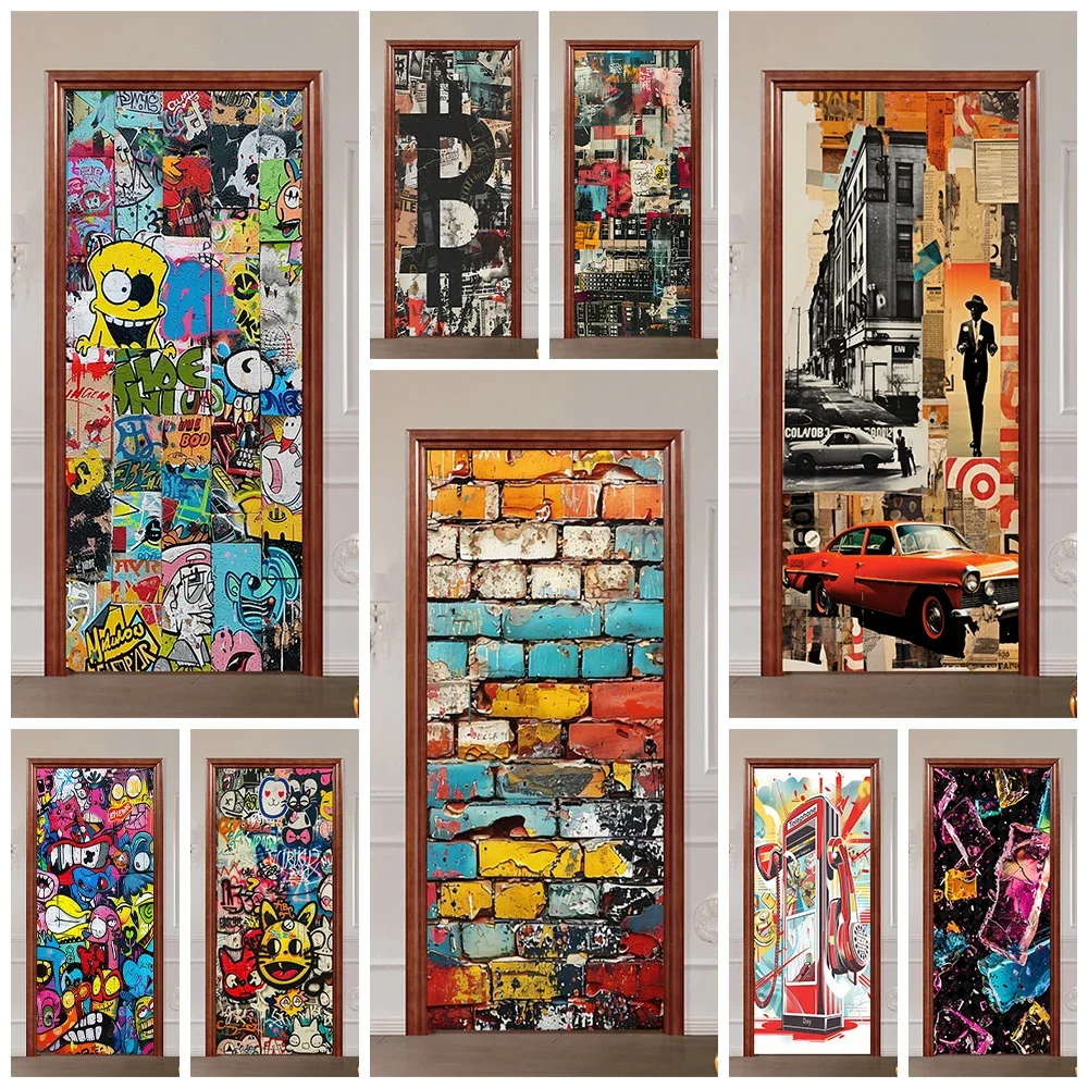 3D Retro Colorful Graffiti Door Art Mural Sticker Removable Personalized Graffiti Creative DIY Door Decoration Wallpaper