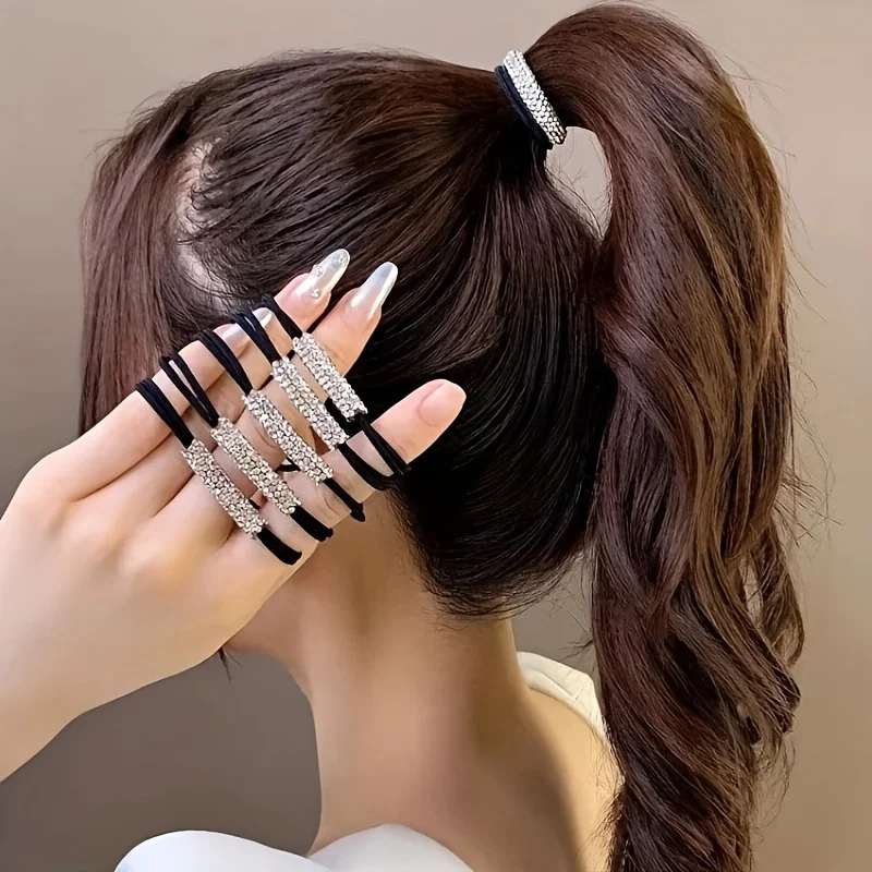 10pcs Women Diamonds Black Shiny Rhinestone Seamless Rubber Band Elastic Hair Rope New Fashion Hot Sale Hair Accessories