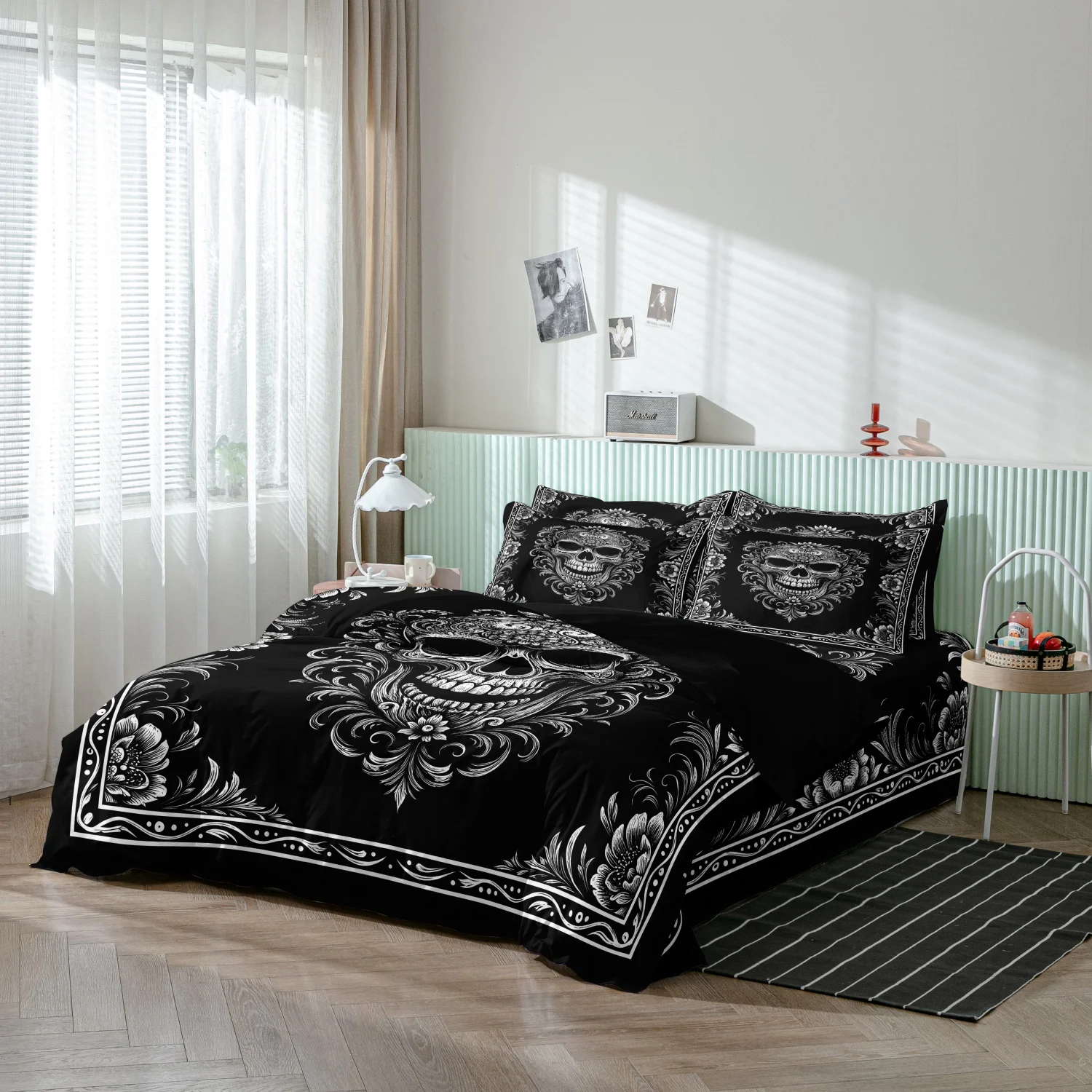 3 Pieces White Floral Skull Print Duvet Cover Set, Vintage Ornate Flower Gothic Skeleton Border Print Bedding