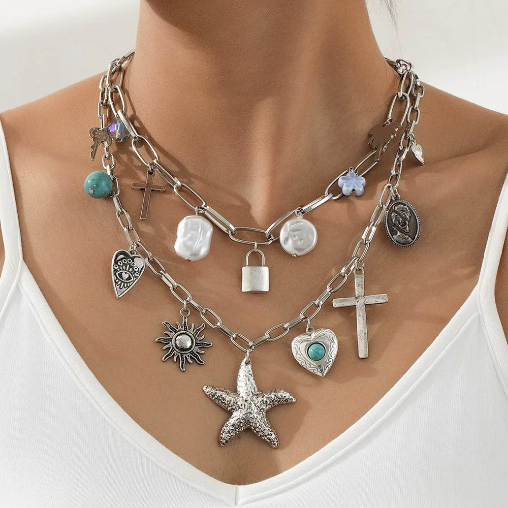 

Personality Fashion Fun Ocean Multi-element Metal Starfish Love Cross Turquoise Women Stack Necklace Fashion Jewelry Accessories