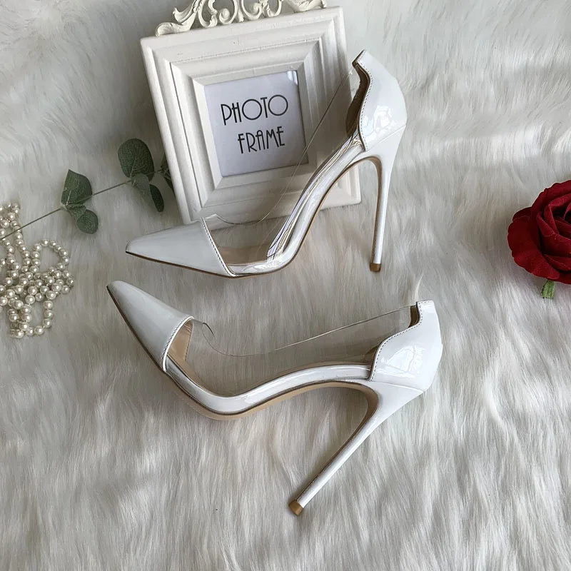 White patent leather color blocked transparent PVC pointed shallow mouth 12cm thin heel small fresh transparent high heels