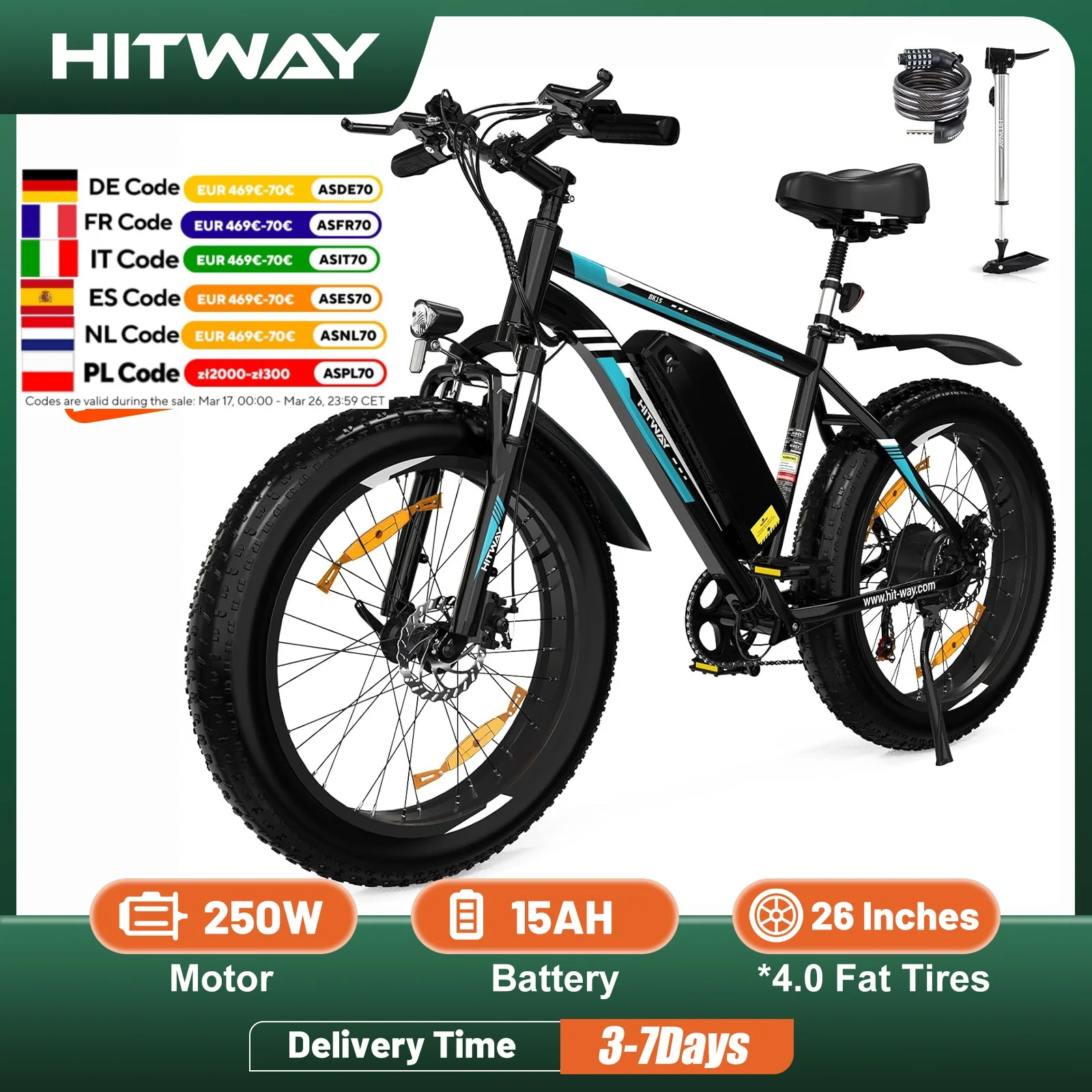 Bici elettrica HITWAY, MTB elettrica da 26*4.0 pollici con batteria al litio rimovibile 48 v15ah