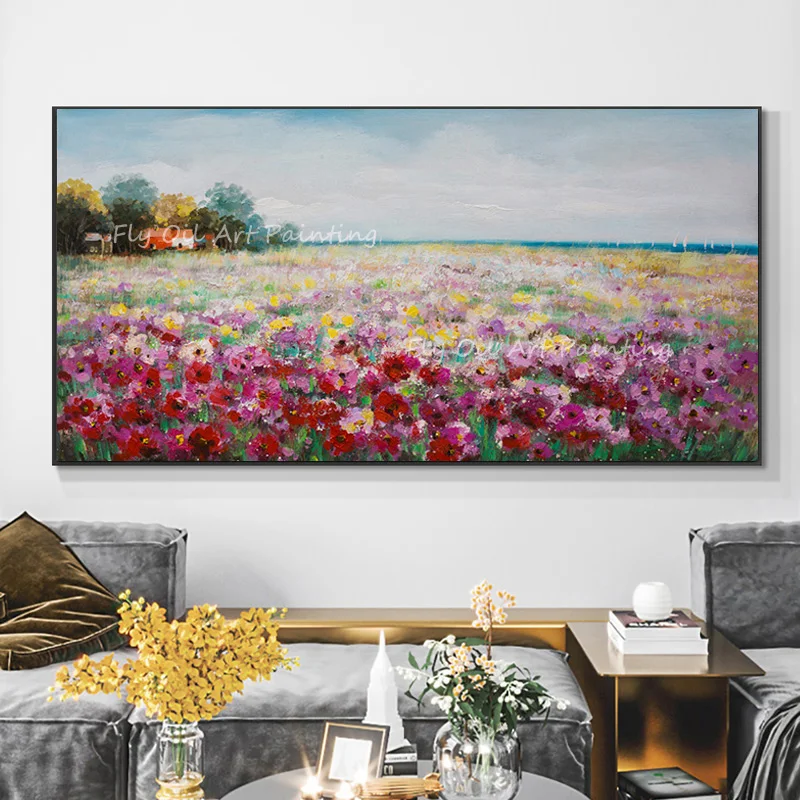 

Large Size Pink Flower Landscape 100% Hand Painted Modern Abstract Oil Painting Wall Art Canvas Pictures for Living Room Gift