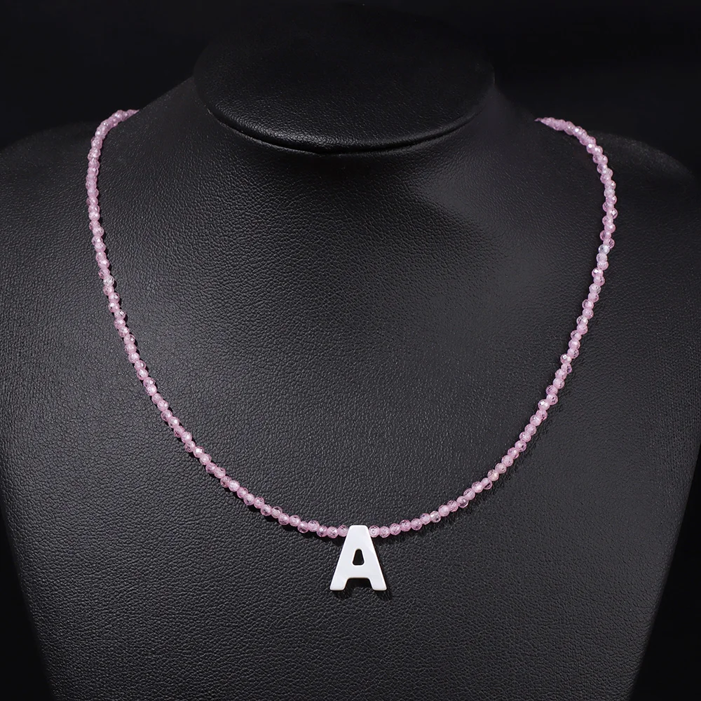 Pink Zircon 26 Initial Letter Shell Necklaces For Women White Mother Of Pearl Shell Charm Crystal Beaded Clavicle Chain Jewelry