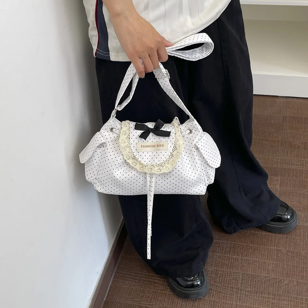 Lace Trim Polka Dot Bucket Bag for Women Korean Style Fresh Versatile Shoulder Bag Cute Commute Crossbody Purse for Girls