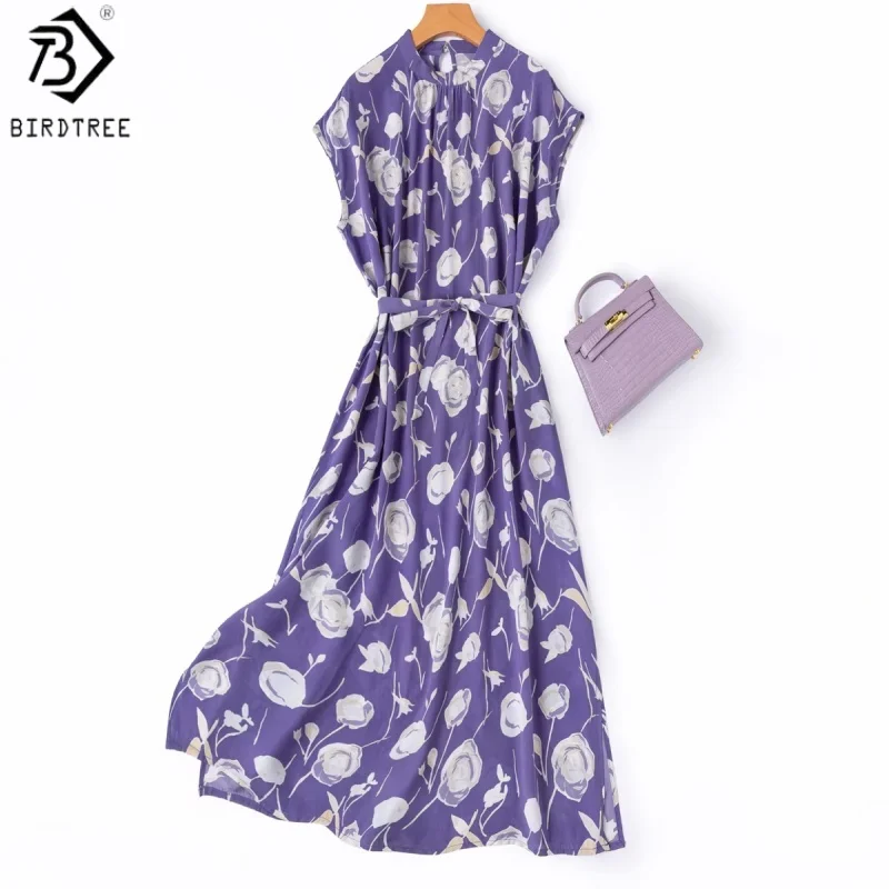 

BirdTree, 100% Silk Printed Dress, Raglan Sleeve Stand Collar, Women's Double Crepe Elegant Dresses, 2026 Spring New D63925JF