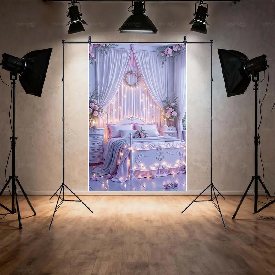 MOON.QG 꽃무늬 침실 샹들리에 커튼 스트링 라이트 배경 소녀 웨딩 장식 스튜디오 사진 촬영 포토존
