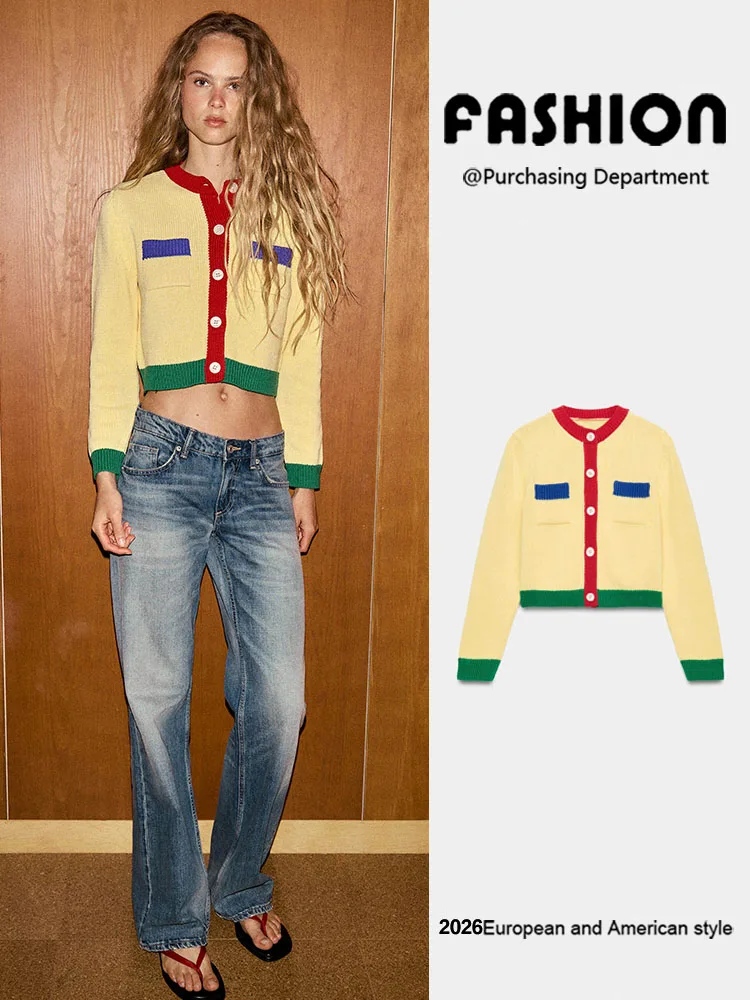 

Spring New Arrival Women's Fashion Long Sleeve round Neck Color Block Ribbed Knitted Open Cardigan Short Outerwear
