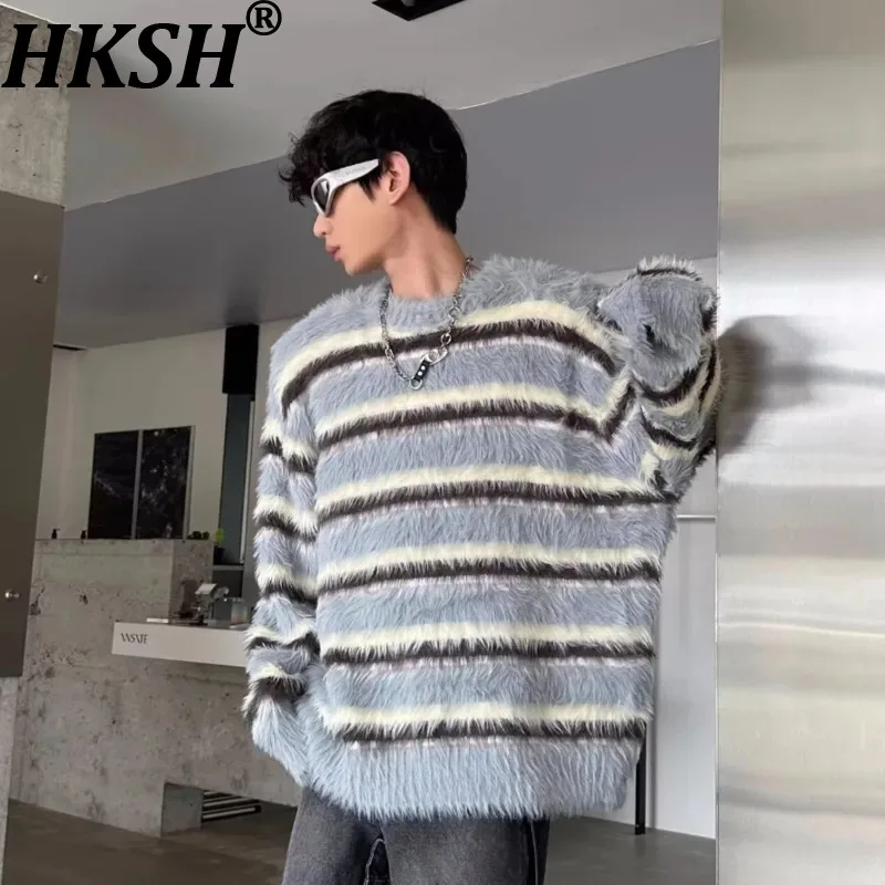 

Мужской свитер HKSH с уникальным черно-белым полосатым дизайном из искусственного меха норки, осенне-зимний, новый, высококачественный, с круглым вырезом, вязаный пуловер, модель HK19083