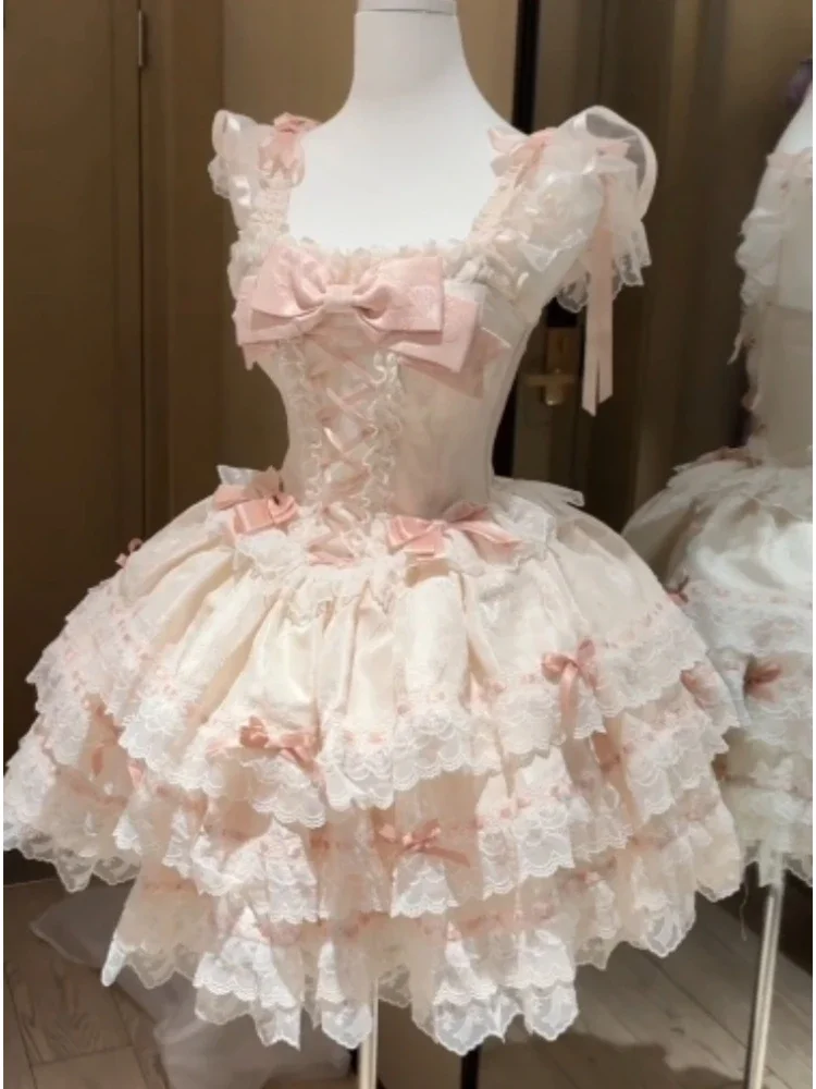

French Sweet Princess Elegant Woman Party Dress Y2k Lolita Bow Fairy Vintage Chic Dress New Fashion Lace Bandage Outfits Summer