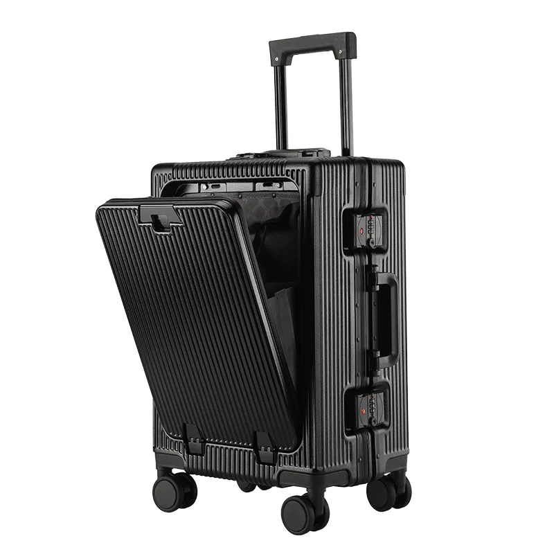 Front open trolley suitcase with cup holder travel luggage pull rod Aluminum frame Large capacity usb charging carry on suitcase