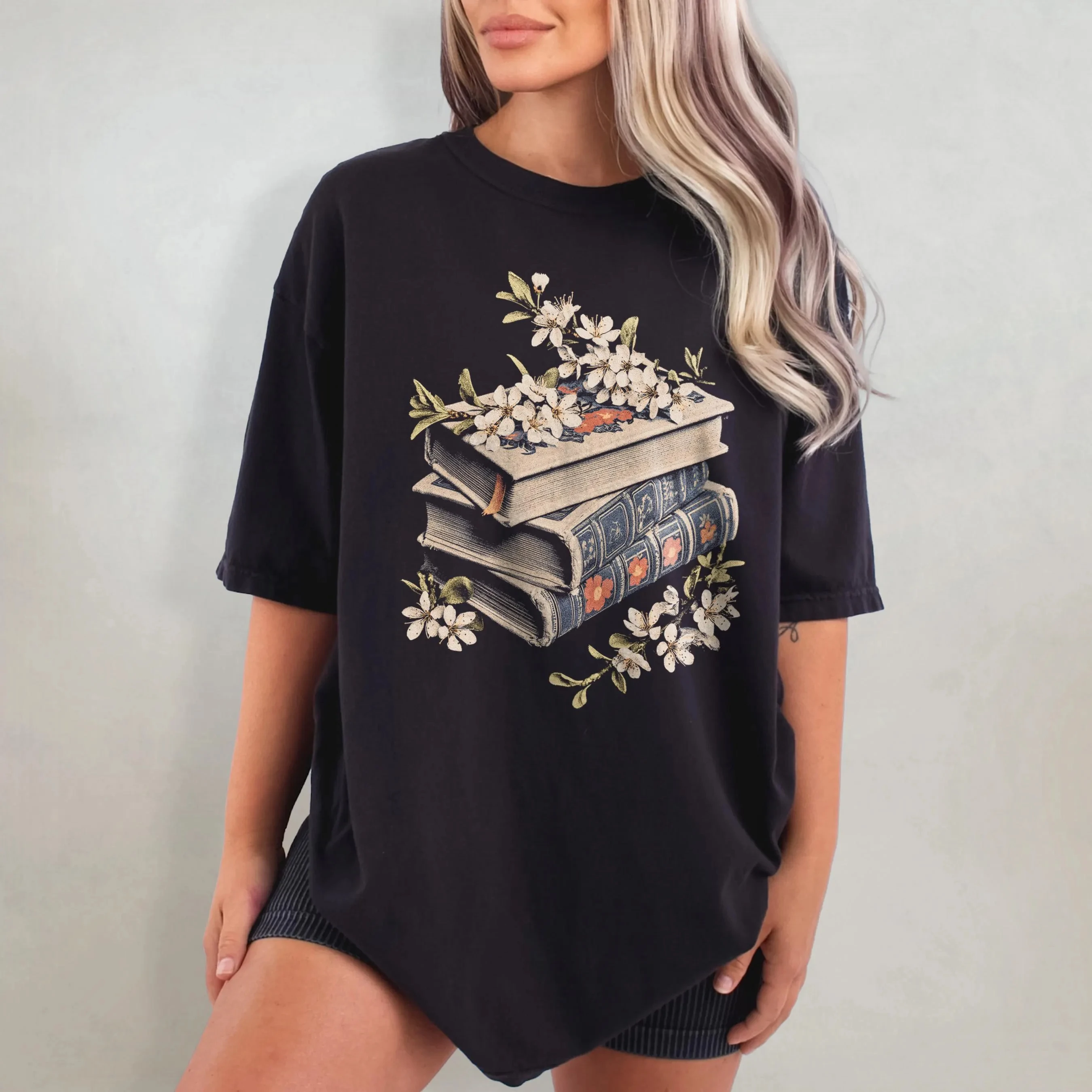 Summer Women's Vintage Floral Book  T-Shirt Unisex Cotton and Breathable Short Sleeve Streetwear Oversized Loose Casual