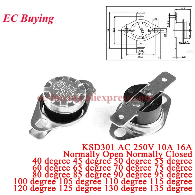 1pc-5pcs ksd301 ac 250v 10a 16a normalmente aberto fechado 0-160 graus baquelite KSD-301 temperatura interruptor térmico termostato sensor
