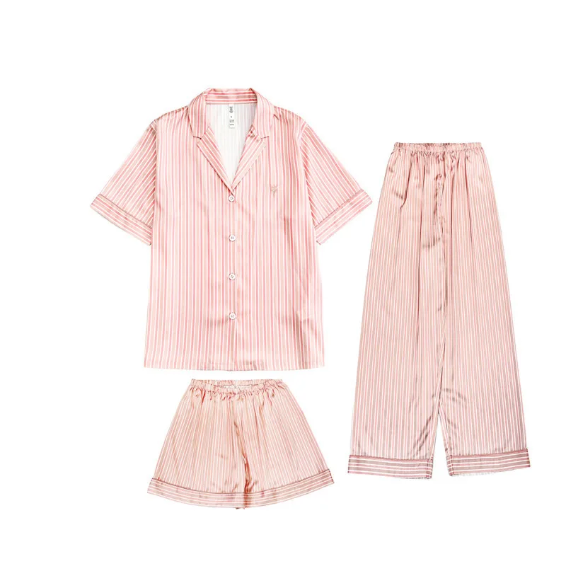 2024 Autumn Three Piece Ice Silk Pajama Women Short Sleeve Set Pink Striped Luxury Fashion Elegant Nightgown High End Chic Suit