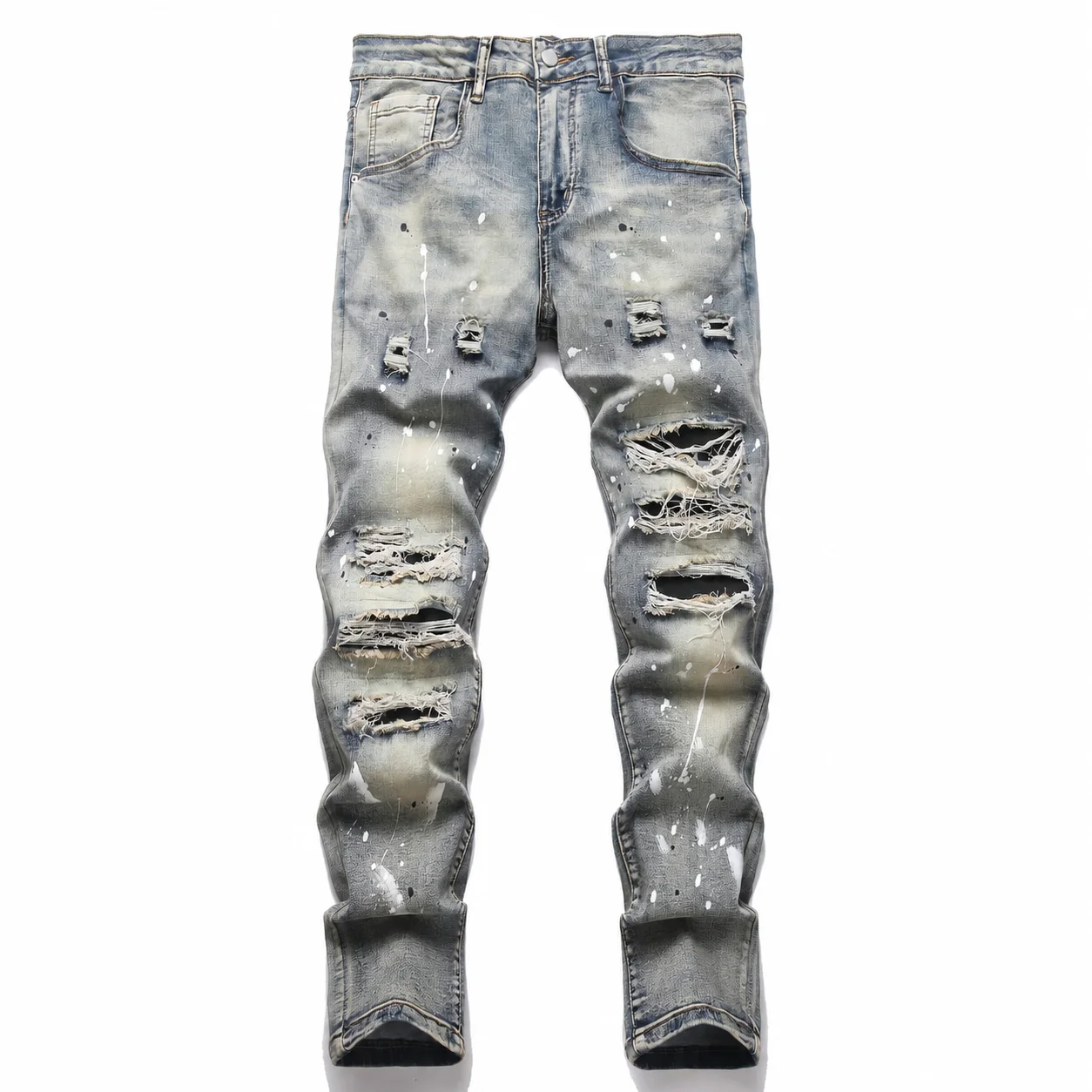 Vintage Men Skinny Ripped Jeans Washed Splatter Paint Denim Pants Slim Fit Destroyed Holes Streetwear Hip Hop Jeans for Men