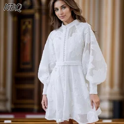 KBQ Solid Hollow Out Embroidery Dresses For Women Stand Collar Long Sleeve High Waist Spliced Button Dress Female Fashion Style