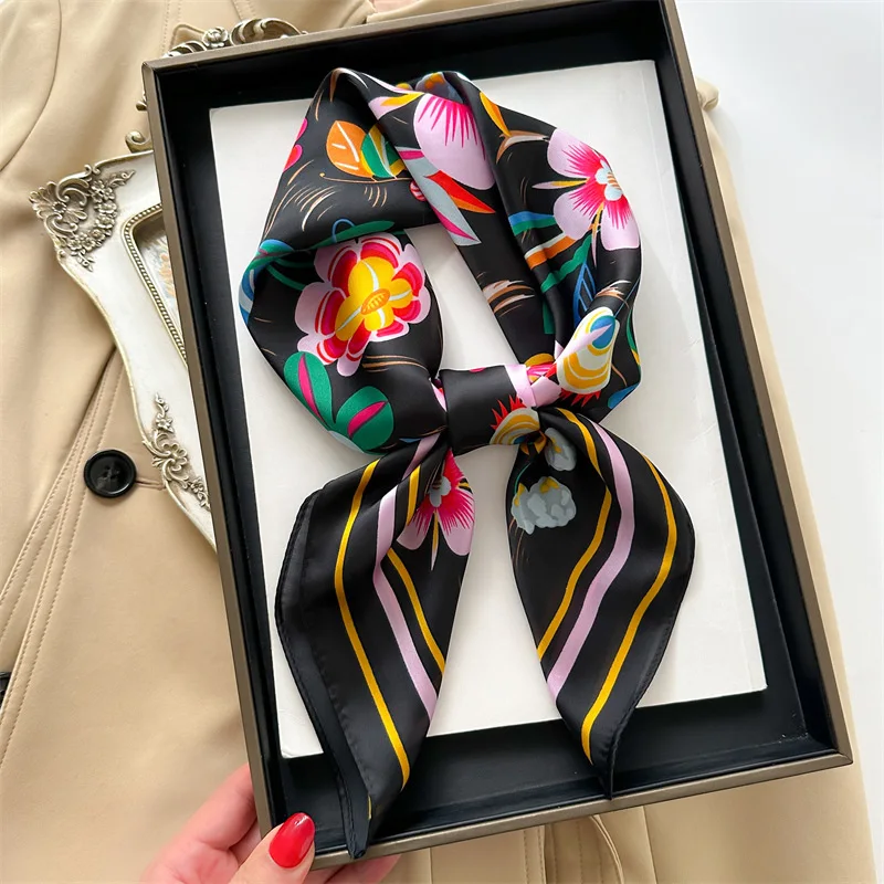 Luxury Brand 2024 Silk Square Scarf Women Neck Hair Tie Band Beach Hijab Kerchief Head Headbands Bandana Female Foulard 70cm