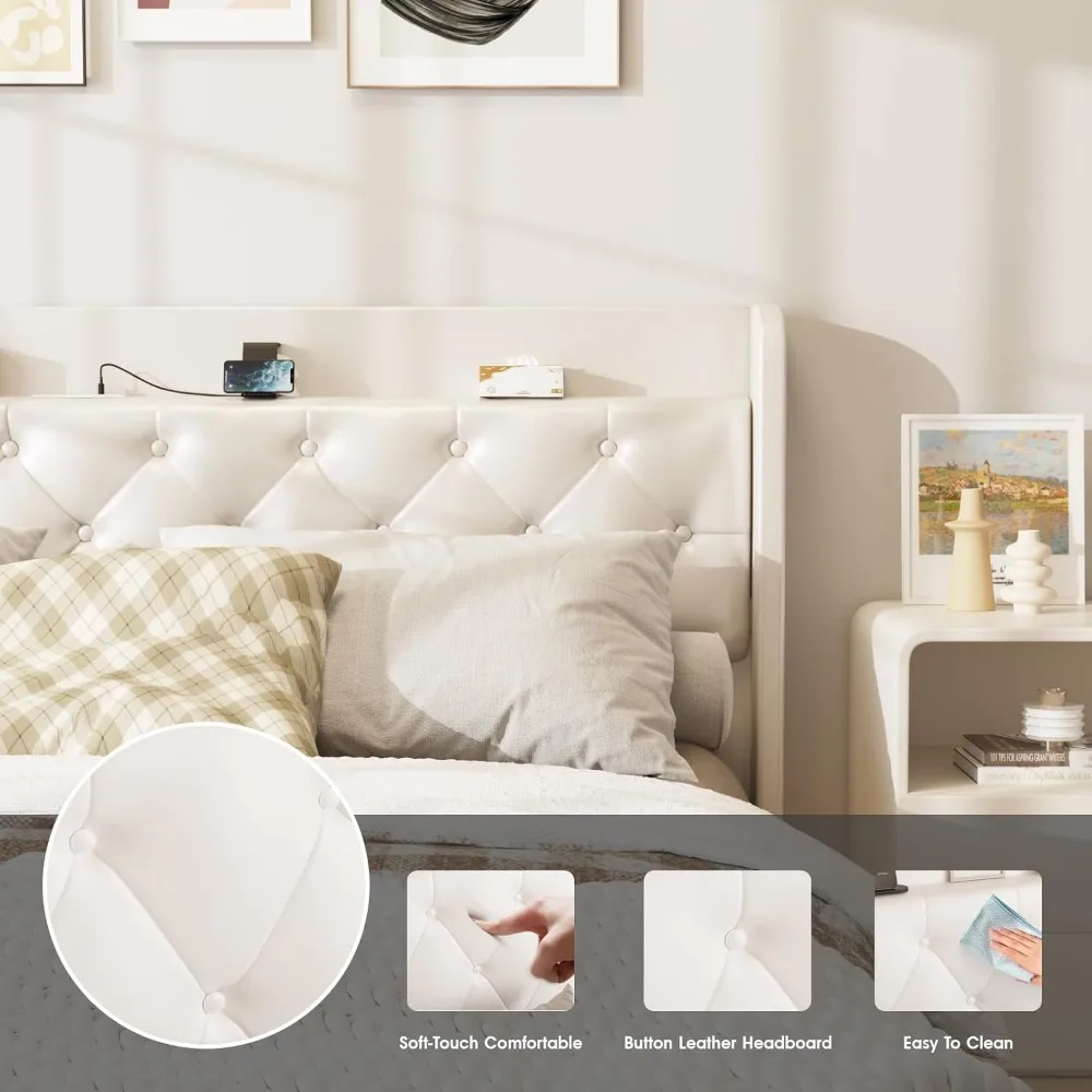 إطار سرير عائم بحجم كينج مع أضواء LED، سرير منجد بمنصة من جلد البولي يوريثان مع محطة شحن ولوح رأسي معنقدة بزر