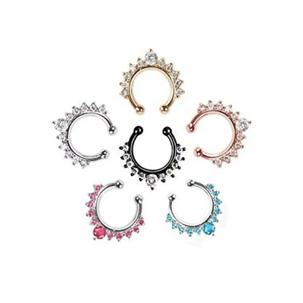 1PC Retro Cool Rhinestone Nose Stud Simple Metal Geometric U Shape Fake Nose Ring for Women Body Jewelry