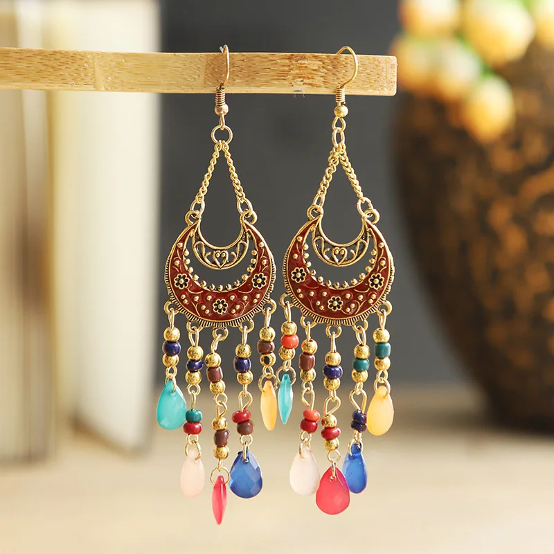 Bohemian Antik Gold Farbe Lange Wasser Tropfen Quaste Ohrringe für Frauen Vintage Bunte Geometrische Tropfen Baumeln Ohrringe Schmuck – Detail 22