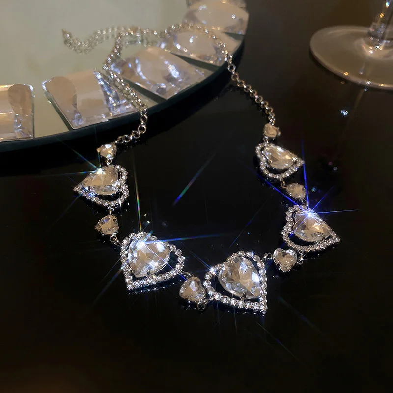 Heart Pendant Necklaces Shiny Rhinestone Crystal Chain Necklaces Women's Party Wedding Jewelry Set Anniversary Gift