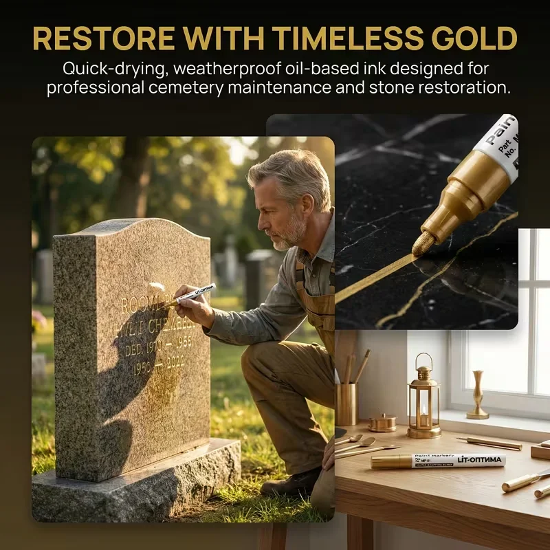 1-2Pcs Golden Tombstone Marker Pen Quick Dry Oil Based Fine Tip Weather Resistant For Granite Marble Cemetery Maintenance