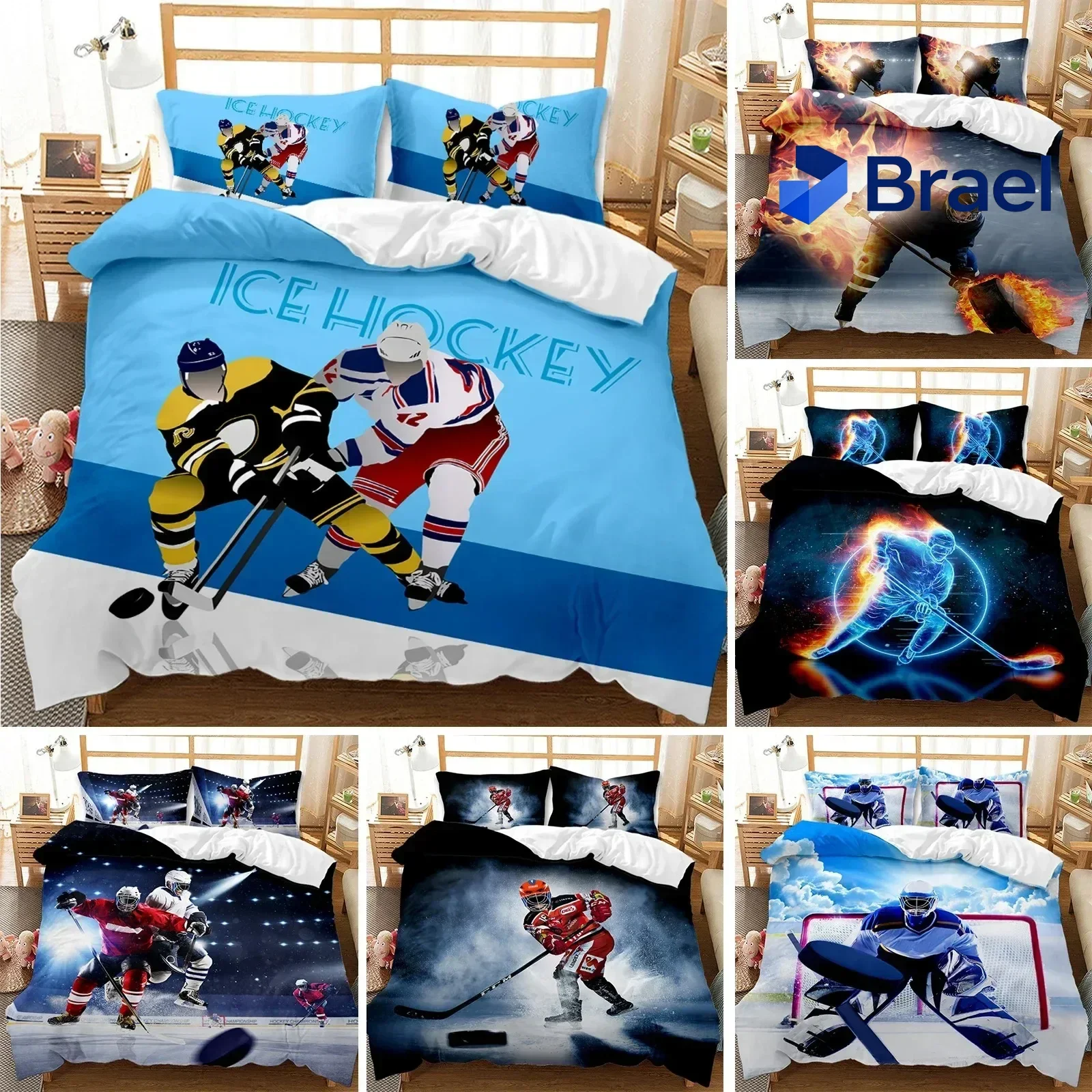 Exquisite Ice Hockey Duvet Cover Twin Hockey Sport Player Bedding Set Winter Extreme Sport Game Comforter Cover Soft Polyester Q
