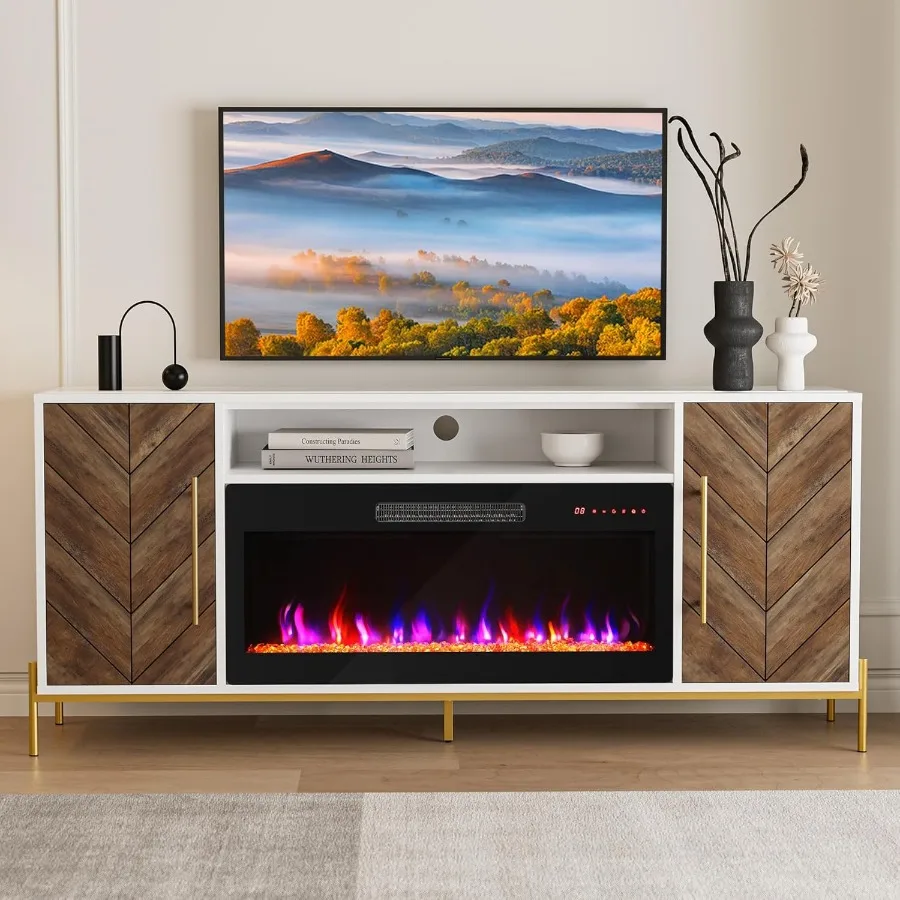 

68-inch Wood TV Stand with 36-inch Electric Fireplace Entertainment Center Featuring Ample Storage Cabinet and Console Table De