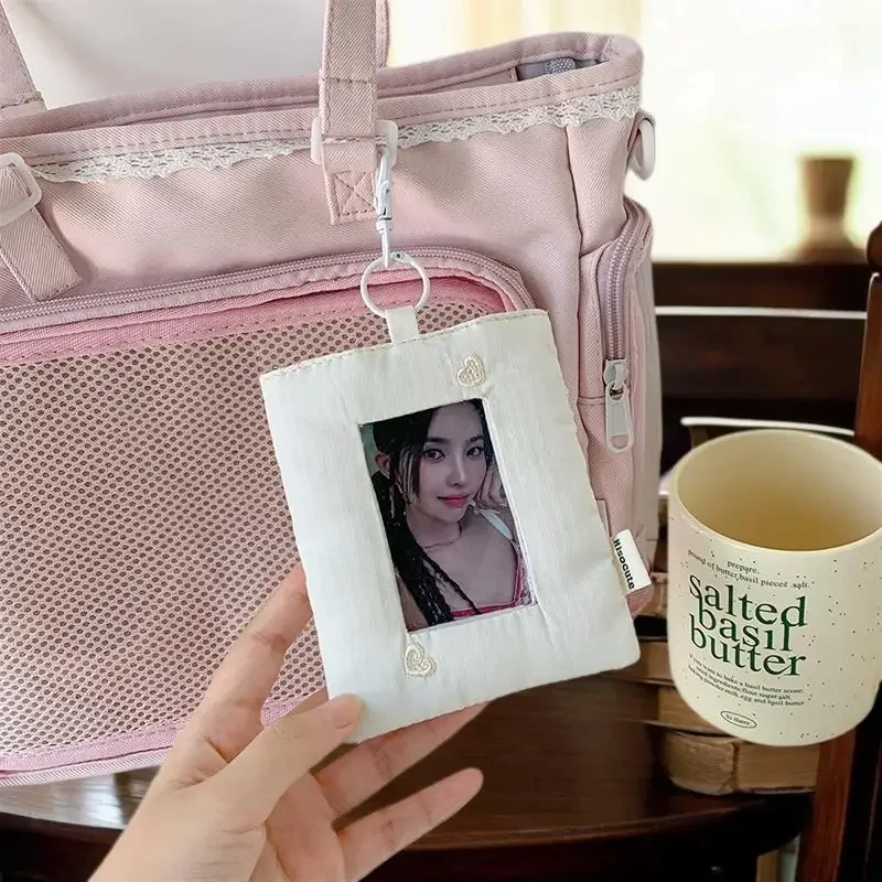 Dopamine Cute Padded Stripe Love Card Holder Photocard Holder Idol Photo Display Storage Protect Cover Keyring Pendant Bag Charm