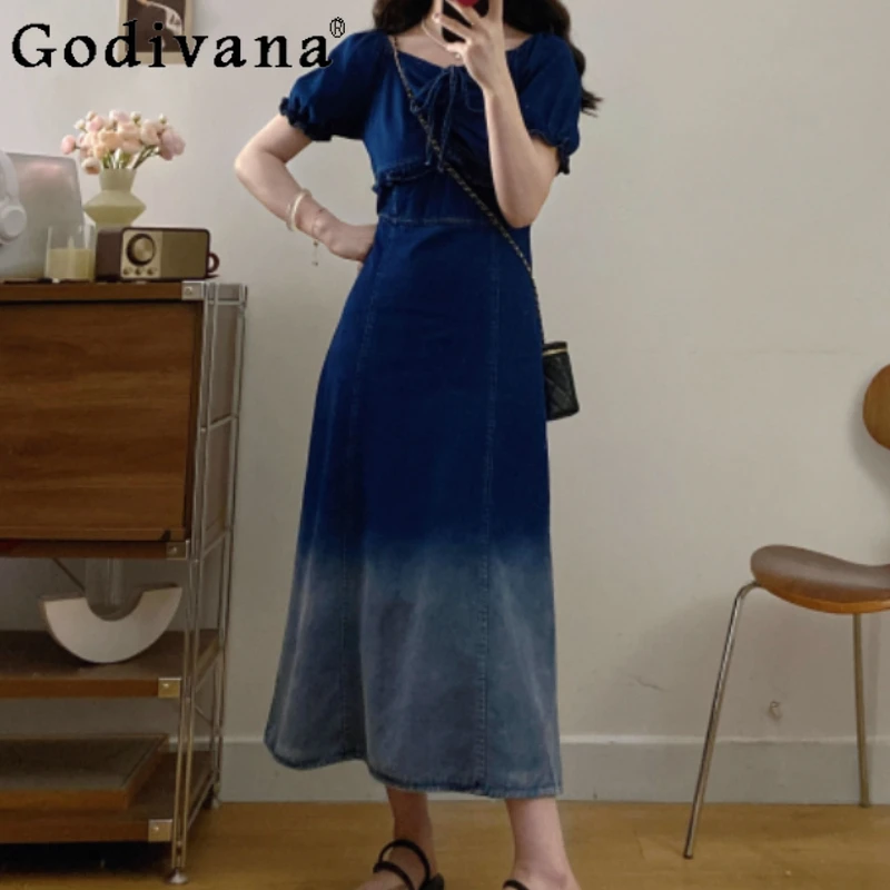 

Summer Women Plus Size Puff Sleeve Gradient Denim Dress Temperament Korean Short Sleeve High Waist A-line Age-reducing Dresses