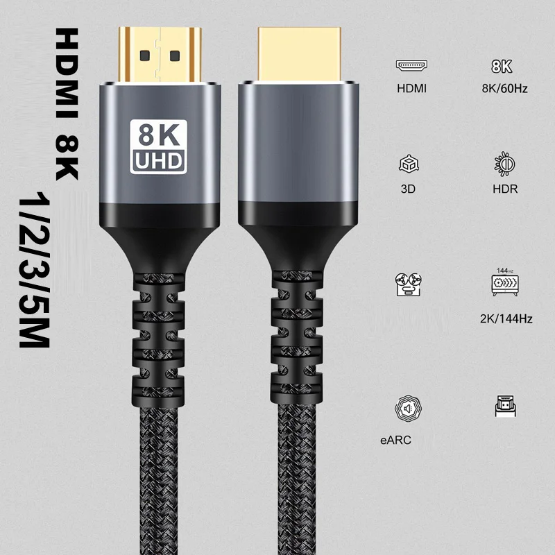 Cable de nailon trenzado de 1/2/3/5/M, 8K @ 60Hz HDMI a HDMI 2,1 macho, Cable de Audio y vídeo de 48Gbps para ordenador portátil, PC, Monitor, cámara, HDTV, PS4