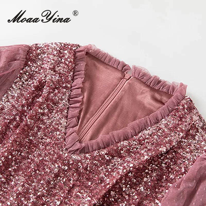 MoaaYina Vestido feminino de malha de renda com decote em V manga lanterna em camadas plissado lantejoulas patchwork S-4XL ﻿