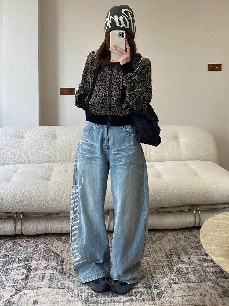 

Retro American Large Size Letter Print Faded Knife Jeans Women's Autumn Winter Loose Wide Leg Pants High Waist Denim